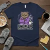 T-shirt with "I Woke Up What Else Do You Want" text featuring a grumpy cat in a purple robe holding