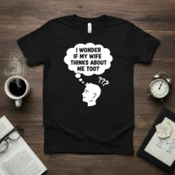 Black t-shirt with white text "I Wonder If My Wife Thinks About Me Too?" inside a thought bubble, above a