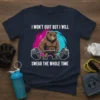Funny gym t-shirt with a muscular bear lifting weights and the quote "I WON'T QUIT BUT I WILL SWEAR THE
