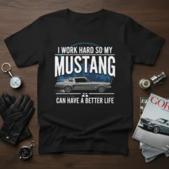 T-shirt with text "I Work Hard So My Mustang Can Have A Better Life" and a classic grey Ford Mustang