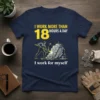 Navy t-shirt with yellow text "I Work More Than 18 Hours A Day" and "I work for myself", featuring a