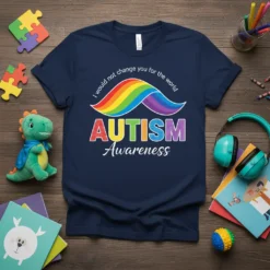 Autism Awareness t-shirt with rainbow mustache graphic and text "I would not change you for the world AUTISM Awareness"