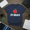 Navy blue t-shirt featuring a red apple with a bite taken out and the text "iT-Shirt" in white, symbolizing tech