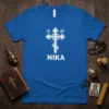 Orthodox Christian IC XC NIKA cross design on a royal blue t-shirt