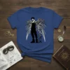 Icarus t-shirt design featuring a black silhouette of a winged warrior with the name ICARUS vertically beside him