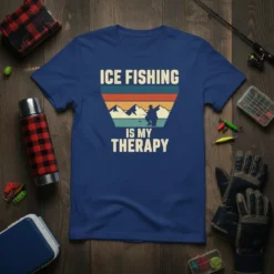 Ice Fishing Is My Therapy quote on a blue t-shirt with a vintage sunset graphic of a fisherman on a