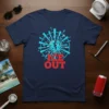 Navy t-shirt featuring the text "ICE OUT" in red with a shattered blue ice cube graphic