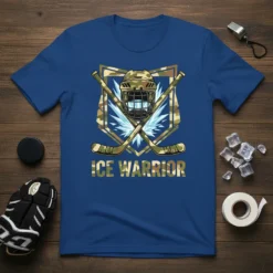 Ice Warrior text with crossed hockey sticks and helmet graphic, featuring camouflage and ice elements