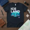 Iceland T-Shirt with Aurora Borealis, geyser, mountains, and Icelandic flag graphic