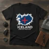 Black t-shirt featuring the map of Iceland in blue with a red cross, text "ICELAND LAND OF FIRE & ICE"