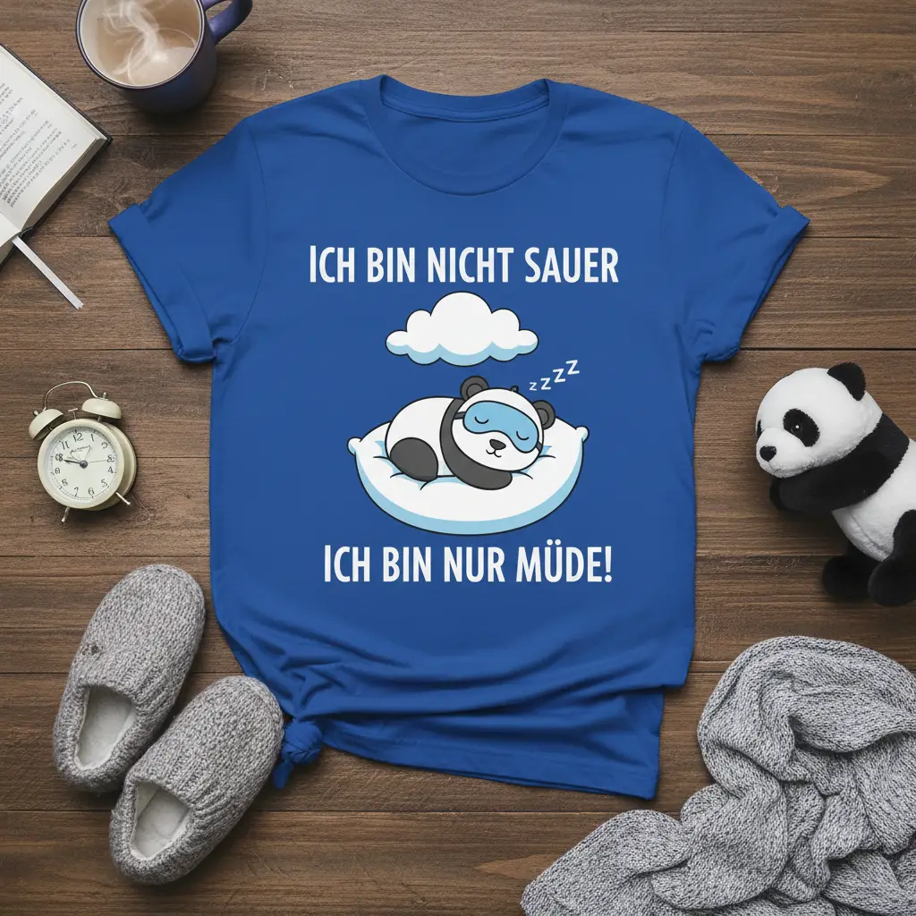 Ich bin nicht sauer ich bin nur müde! German quote t-shirt design with a sleeping panda on a pillow
