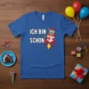 Ich bin schon 3 birthday t-shirt with a rocket ship and alien graphic for a 3-year-old boy