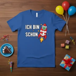 Ich bin schon 3 birthday t-shirt with a rocket ship and alien graphic for a 3-year-old boy