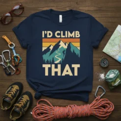 I'D CLIMB THAT quote on a navy t-shirt with a vintage mountain climbing graphic