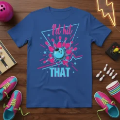 Blue t-shirt with "I'd hit THAT" text and a graphic of a bowling ball hitting pins, in pink and teal