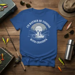 T-shirt with "I'd Rather Be Fishing With Grandpa" text, featuring a graphic of a man and child fishing from a
