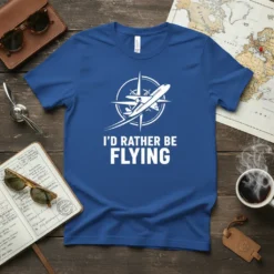 I'd Rather Be Flying text on a blue t-shirt with a white airplane and compass graphic