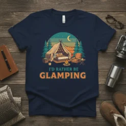 I'd Rather Be Glamping T-Shirt featuring a cozy tent scene with a moon and string lights, perfect for camping lovers