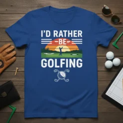 I'd Rather Be Golfing t-shirt with a sunset golf course graphic and crossed clubs