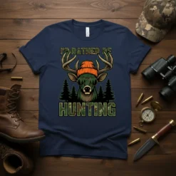 I'd Rather Be Hunting deer graphic t-shirt with sunglasses and beanie
