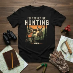 I'd Rather Be Hunting graphic t-shirt design featuring a hunter aiming a rifle at a deer in a forest scene