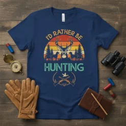 I'd Rather Be Hunting t-shirt with vintage deer, dogs, trees, and sunset graphic