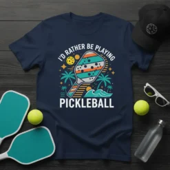 I'd Rather Be Playing Pickleball text with a pickleball paddle, palm trees, and waves graphic on a navy t-shirt