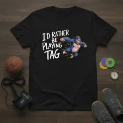 I'd Rather Be Playing Tag text with a blue gorilla graphic on a black t-shirt, representing a fun game
