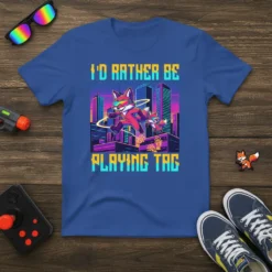 I'd Rather Be Playing Tag t-shirt with a retro fox character running through a cityscape, neon colors, and pixel art