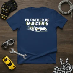 I'd Rather Be Racing t-shirt with a white race car and helmet graphic, designed for motorsport fans