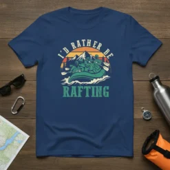 I'd Rather Be Rafting t-shirt design with a vintage sunset, mountains, and people in a raft