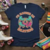 I'D RATHER BE SKATING text with retro roller skates graphic on navy blue t-shirt