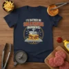 I'd Rather Be Smashing Burgers graphic tee with illustration of a burger being pressed on a grill