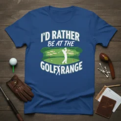 Blue t-shirt with white text "I'd Rather Be At The Golf Range" and a graphic of a golfer swinging on