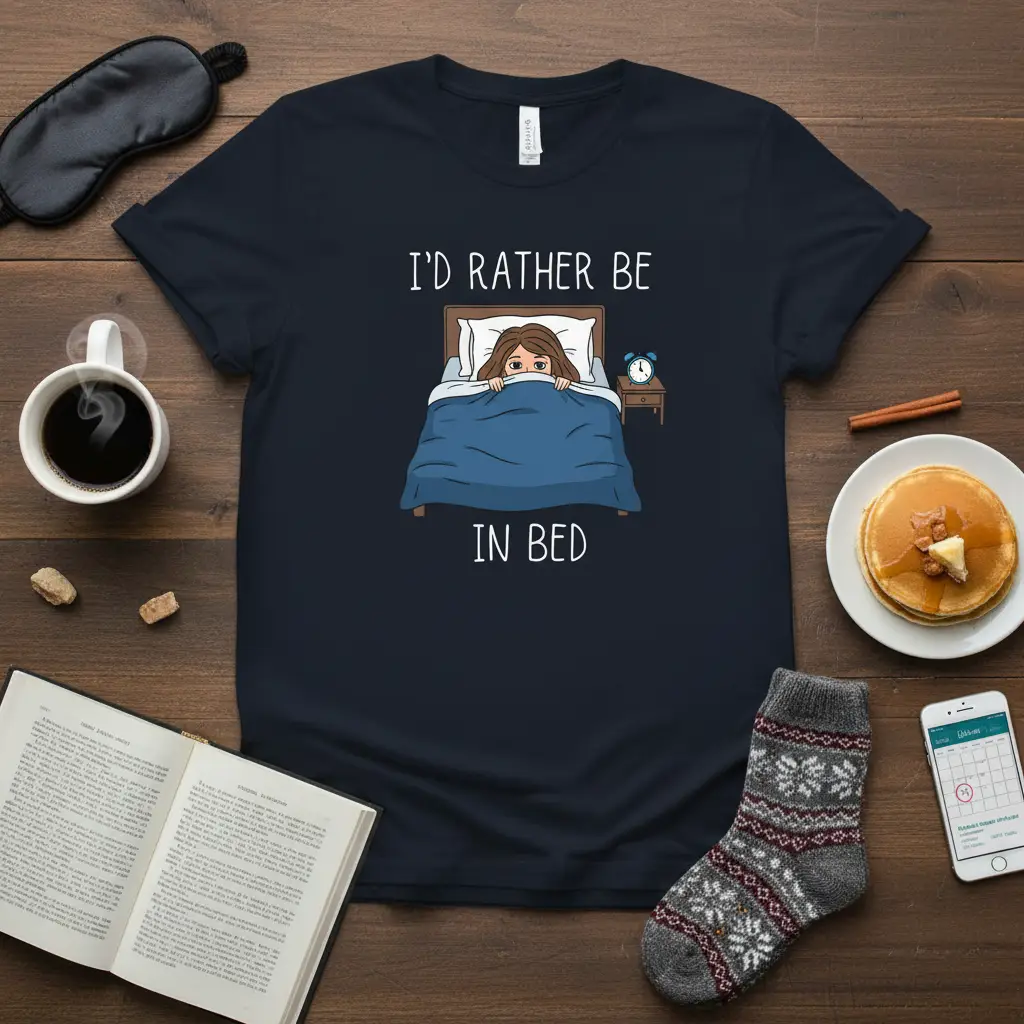 I'd Rather Be In Bed humorous quote with a sleepy person graphic on a navy t-shirt