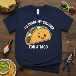I'd Trade My Brother For A Taco humorous quote t-shirt with a cute kawaii taco graphic