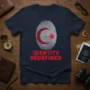Identity Redefined T-Shirt with fingerprint graphic featuring red crescent moon and star, bold red text below