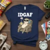 Navy blue t-shirt with "IDGAF" text and a cartoon sloth relaxing in a chair with coffee and a phone