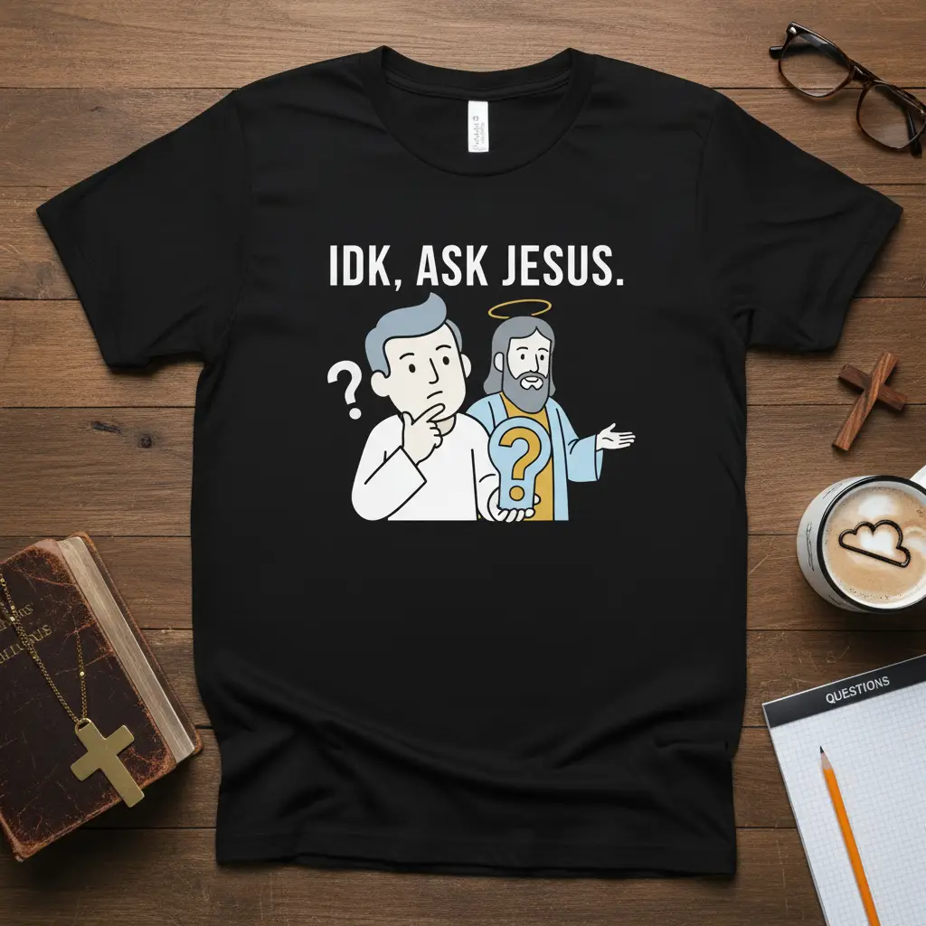 IDK, ASK JESUS. quote and cartoon design featuring a confused man and Jesus shrugging on a black tee