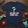 Navy t-shirt with white and red text reading "IDK BRO YOU KINDA SUS..." and a stylized question mark graphic with