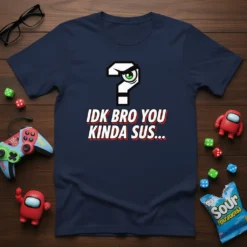 Navy t-shirt with white and red text reading "IDK BRO YOU KINDA SUS..." and a stylized question mark graphic with