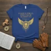 If God Is For Us Who Can Be Against Us Romans 8:31 t-shirt design with golden lion crest and wings