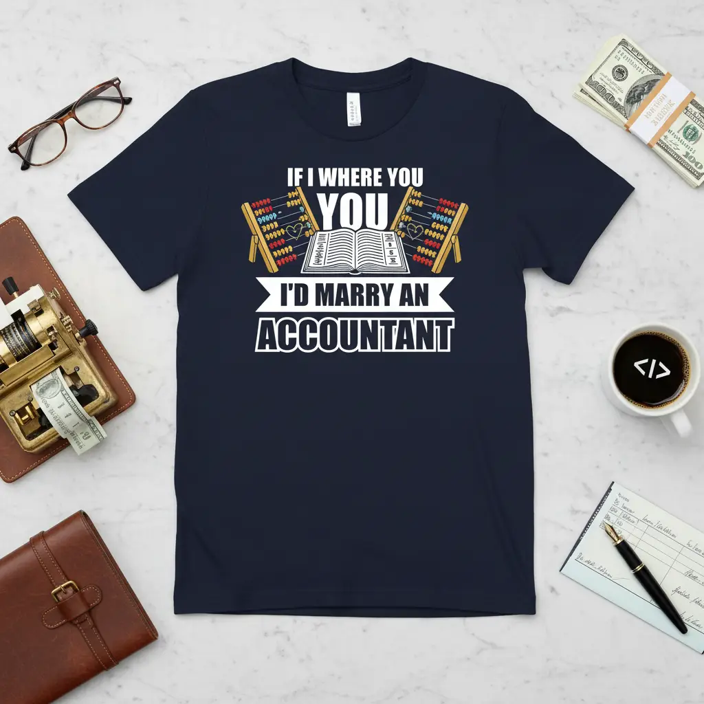 If I Where You You I'd Marry An Accountant quote with abacus and book graphics on navy tee