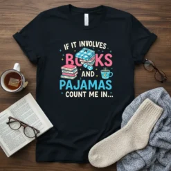 T-shirt with "If It Involves Books and Pajamas Count Me In" text, featuring stacks of books, a plaid book cover
