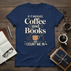 IF IT INVOLVES Coffee and Books AND COUNT ME IN quote on a navy t-shirt with stacked books and coffee