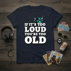 Bold white text "IF IT'S TOO LOUD YOU'RE TOO OLD" on a navy t-shirt, with teal speakers graphic above