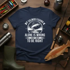 Navy blue t-shirt with white text and graphic: "IF SALMON FISHING ALONE IS WRONG I DON'T WANT TO BE RIGHT"
