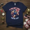Runner with American flag helmet and text "If You Ain't First You're Last" on navy t-shirt