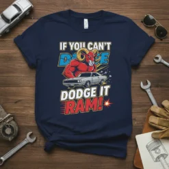 If You Can't Dodge It Ram! text with a muscular red ram and a classic Dodge Charger on a navy