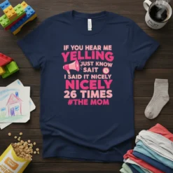 Navy t-shirt with pink text: "If You Hear Me Yelling Just Know Said It Nicely 26 Times #The Mom" and